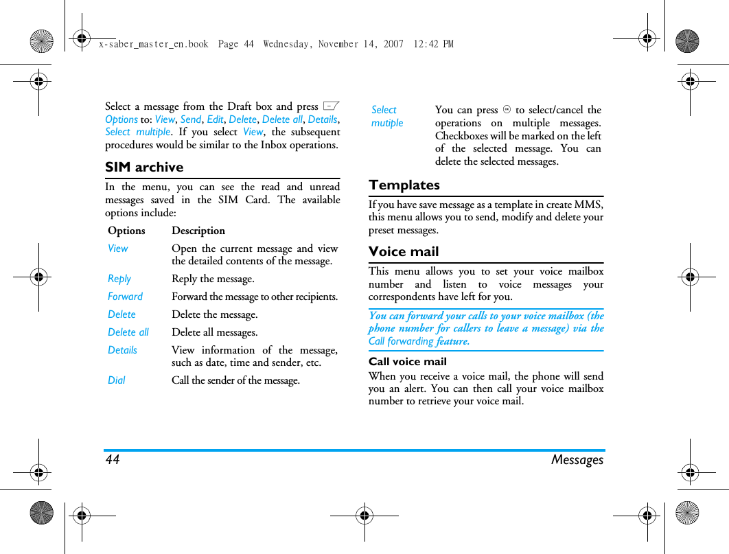 44 MessagesSelect a message from the Draft box and press LOptions to: View, Send, Edit, Delete, Delete all, Details,Select multiple. If you select View, the subsequentprocedures would be similar to the Inbox operations.SIM archiveIn the menu, you can see the read and unreadmessages saved in the SIM Card. The availableoptions include:TemplatesIf you have save message as a template in create MMS,this menu allows you to send, modify and delete yourpreset messages.Voice mailThis menu allows you to set your voice mailboxnumber and listen to voice messages yourcorrespondents have left for you.You can forward your calls to your voice mailbox (thephone number for callers to leave a message) via theCall forwarding feature. Call voice mailWhen you receive a voice mail, the phone will sendyou an alert. You can then call your voice mailboxnumber to retrieve your voice mail. Options DescriptionView Open the current message and viewthe detailed contents of the message.Reply Reply the message.Forward Forward the message to other recipients.Delete Delete the message.Delete all Delete all messages.Details View information of the message,such as date, time and sender, etc.Dial Call the sender of the message.Select mutipleYou can press , to select/cancel theoperations on multiple messages.Checkboxes will be marked on the leftof the selected message. You candelete the selected messages.x-saber_master_en.book  Page 44  Wednesday, November 14, 2007  12:42 PM
