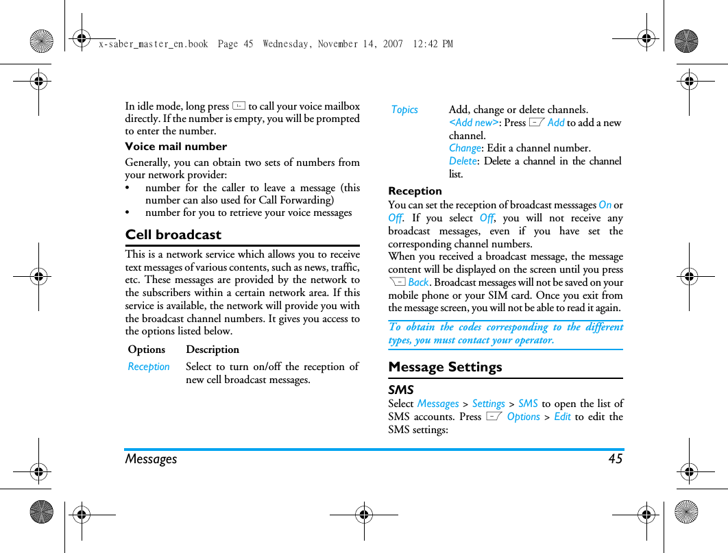 Messages 45In idle mode, long press 1 to call your voice mailboxdirectly. If the number is empty, you will be promptedto enter the number. Voice mail numberGenerally, you can obtain two sets of numbers fromyour network provider: &bull;  number for the caller to leave a message (thisnumber can also used for Call Forwarding)&bull;  number for you to retrieve your voice messagesCell broadcastThis is a network service which allows you to receivetext messages of various contents, such as news, traffic,etc. These messages are provided by the network tothe subscribers within a certain network area. If thisservice is available, the network will provide you withthe broadcast channel numbers. It gives you access tothe options listed below.ReceptionYou can set the reception of broadcast messsages On orOff. If you select Off, you will not receive anybroadcast messages, even if you have set thecorresponding channel numbers. When you received a broadcast message, the messagecontent will be displayed on the screen until you pressR Back. Broadcast messages will not be saved on yourmobile phone or your SIM card. Once you exit fromthe message screen, you will not be able to read it again. To obtain the codes corresponding to the differenttypes, you must contact your operator.Message SettingsSMSSelect Messages > Settings > SMS to open the list ofSMS accounts. Press L Options > Edit to edit theSMS settings:Options DescriptionReception Select to turn on/off the reception ofnew cell broadcast messages.Topics Add, change or delete channels.<Add new>: Press L Add to add a newchannel.Change: Edit a channel number.Delete: Delete a channel in the channellist. x-saber_master_en.book  Page 45  Wednesday, November 14, 2007  12:42 PM