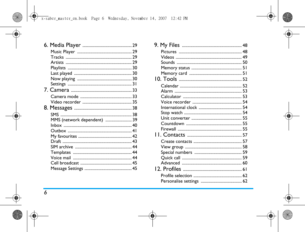 66. Media Player ............................................... 29Music Player  .................................................... 29Tracks ............................................................... 29Artists ............................................................... 29Playlists ............................................................. 30Last played  ....................................................... 30Now playing  .................................................... 30Settings ............................................................. 317. Camera .......................................................... 33Camera mode  ................................................. 33Video recorder ............................................... 358. Messages ....................................................... 38SMS .................................................................... 38MMS (network dependent)  ......................... 39Inbox ................................................................. 40Outbox ............................................................. 41My favourites ................................................... 42Draft .................................................................. 43SIM archive  ...................................................... 44Templates ........................................................ 44Voice mail  ........................................................ 44Cell broadcast ................................................. 45Message Settings ............................................. 459. My Files ......................................................... 48Pictures ............................................................ 48Videos ............................................................... 49Sounds .............................................................. 50Memory status ................................................ 51Memory card  .................................................. 5110. Tools ............................................................ 52Calendar ........................................................... 52Alarm ................................................................ 53Calculator ........................................................ 53Voice recorder ............................................... 54International clock ......................................... 54Stop watch ....................................................... 54Unit converter ................................................ 55Countdown ..................................................... 55Firewall ............................................................. 5511. Contacts .................................................... 57Create contacts .............................................. 57View group ...................................................... 58Special numbers  ............................................. 59Quick call ......................................................... 59Advanced ......................................................... 6012. Profiles ........................................................ 61Profile selection .............................................. 62Personalise settings  ....................................... 62x-saber_master_en.book  Page 6  Wednesday, November 14, 2007  12:42 PM