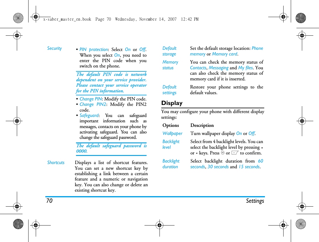 70 SettingsDisplayYou may configure your phone with different displaysettings:Security &bull;PIN protection: Select On or Off.When you select On, you need toenter the PIN code when youswitch on the phone. The default PIN code is networkdependent on your service provider.Please contact your service operatorfor the PIN information.&bull;Change PIN: Modify the PIN code.&bull;Change PIN2: Modify the PIN2code.&bull;Safeguard: You can safeguardimportant information such asmessages, contacts on your phone byactivating safeguard. You can alsochange the safeguard password.The default safeguard password is0000.Shortcuts Displays a list of shortcut features.You can set a new shortcut key byestablishing a link between a certainfeature and a numeric or navigationkey. You can also change or delete anexisting shortcut key.DefaultstorageSet the default storage location: Phonememory or Memory card.Memory statusYou can check the memory status ofContacts, Messaging and My files. Youcan also check the memory status ofmemory card if it is inserted.Default settingsRestore your phone settings to thedefault values. Options DescriptionWallpaper Turn wallpaper display On or Off.Backlight levelSelect from 4 backlight levels. You canselect the backlight level by pressing +or - keys. Press , or L to confirm. Backlight durationSelect backlight duration from 60seconds, 30 seconds and 15 seconds.x-saber_master_en.book  Page 70  Wednesday, November 14, 2007  12:42 PM