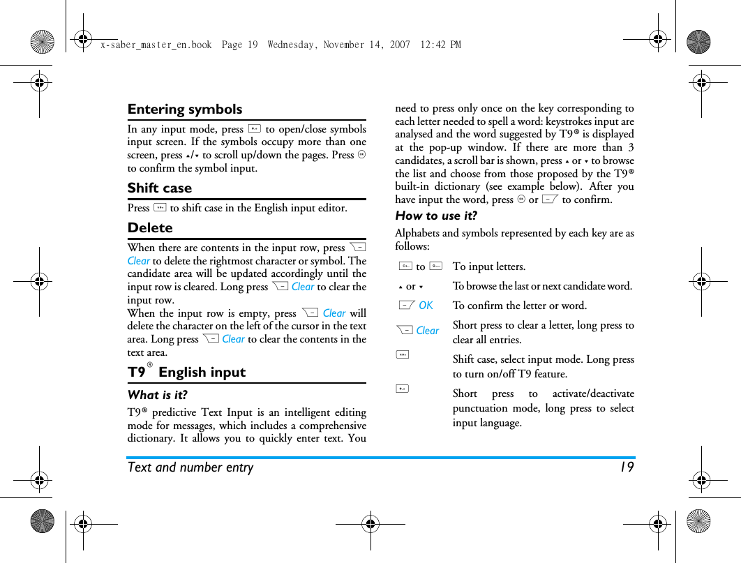 Text and number entry 19Entering symbolsIn any input mode, press # to open/close symbolsinput screen. If the symbols occupy more than onescreen, press +/- to scroll up/down the pages. Press ,to confirm the symbol input.Shift casePress * to shift case in the English input editor. DeleteWhen there are contents in the input row, press RClear to delete the rightmost character or symbol. Thecandidate area will be updated accordingly until theinput row is cleared. Long press R Clear to clear theinput row.When the input row is empty, press R Clear willdelete the character on the left of the cursor in the textarea. Long press R Clear to clear the contents in thetext area. T9&reg; English inputWhat is it?T9&reg; predictive Text Input is an intelligent editingmode for messages, which includes a comprehensivedictionary. It allows you to quickly enter text. Youneed to press only once on the key corresponding toeach letter needed to spell a word: keystrokes input areanalysed and the word suggested by T9&reg; is displayedat the pop-up window. If there are more than 3candidates, a scroll bar is shown, press + or - to browsethe list and choose from those proposed by the T9&reg;built-in dictionary (see example below). After youhave input the word, press , or L to confirm.How to use it?Alphabets and symbols represented by each key are asfollows:0 to 9To input letters.+ or -To browse the last or next candidate word. L OK To confirm the letter or word.R Clear Short press to clear a letter, long press toclear all entries.*Shift case, select input mode. Long pressto turn on/off T9 feature.#Short press to activate/deactivatepunctuation mode, long press to selectinput language.x-saber_master_en.book  Page 19  Wednesday, November 14, 2007  12:42 PM