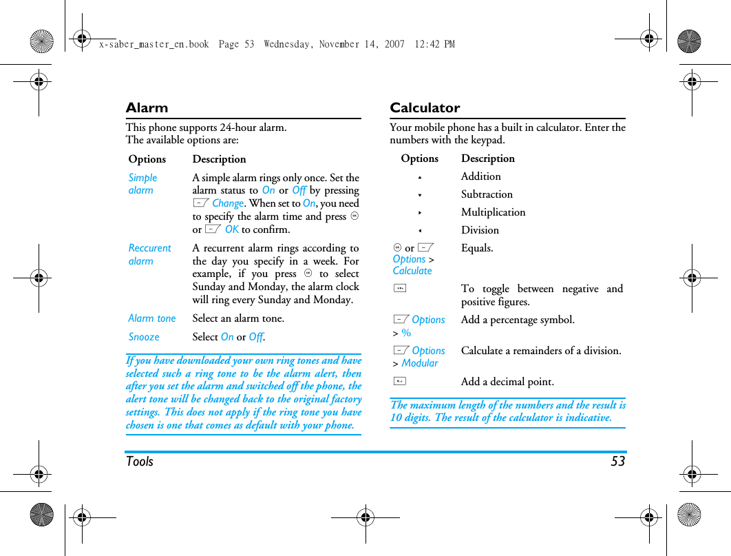 Tools 53AlarmThis phone supports 24-hour alarm.The available options are:If you have downloaded your own ring tones and haveselected such a ring tone to be the alarm alert, thenafter you set the alarm and switched off the phone, thealert tone will be changed back to the original factorysettings. This does not apply if the ring tone you havechosen is one that comes as default with your phone. CalculatorYour mobile phone has a built in calculator. Enter thenumbers with the keypad.The maximum length of the numbers and the result is10 digits. The result of the calculator is indicative.Options DescriptionSimple alarmA simple alarm rings only once. Set thealarm status to On or Off by pressingL Change. When set to On, you needto specify the alarm time and press ,or L OK to confirm.Reccurent alarmA recurrent alarm rings according tothe day you specify in a week. Forexample, if you press , to selectSunday and Monday, the alarm clockwill ring every Sunday and Monday. Alarm tone Select an alarm tone.Snooze Select On or Off.Options Description+Addition-Subtraction>Multiplication<Division, or L Options > CalculateEquals.*To toggle between negative andpositive figures.L Options > % Add a percentage symbol.L Options > ModularCalculate a remainders of a division.#Add a decimal point.x-saber_master_en.book  Page 53  Wednesday, November 14, 2007  12:42 PM