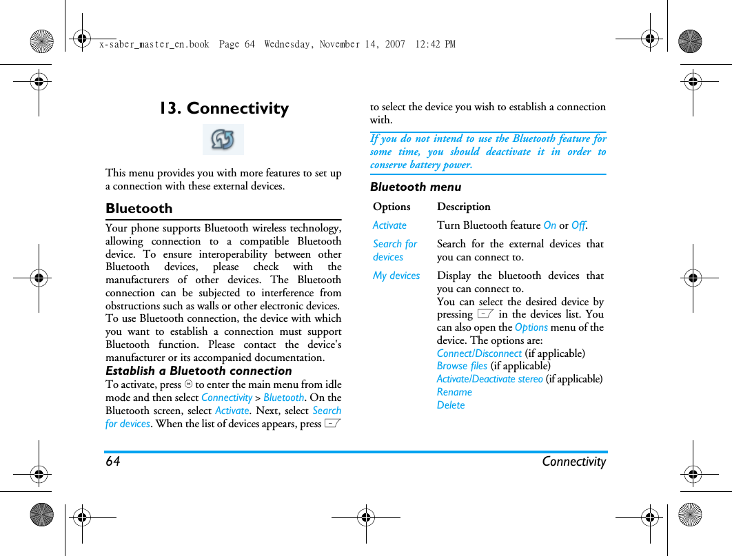 64 Connectivity13. ConnectivityThis menu provides you with more features to set upa connection with these external devices.BluetoothYour phone supports Bluetooth wireless technology,allowing connection to a compatible Bluetoothdevice. To ensure interoperability between otherBluetooth devices, please check with themanufacturers of other devices. The Bluetoothconnection can be subjected to interference fromobstructions such as walls or other electronic devices.To use Bluetooth connection, the device with whichyou want to establish a connection must supportBluetooth function. Please contact the device'smanufacturer or its accompanied documentation.Establish a Bluetooth connectionTo activate, press , to enter the main menu from idlemode and then select Connectivity > Bluetooth. On theBluetooth screen, select Activate. Next, select Searchfor devices. When the list of devices appears, press Lto select the device you wish to establish a connectionwith.If you do not intend to use the Bluetooth feature forsome time, you should deactivate it in order toconserve battery power.Bluetooth menuOptions DescriptionActivate Turn Bluetooth feature On or Off. Search for devicesSearch for the external devices thatyou can connect to.My devices Display the bluetooth devices thatyou can connect to.You can select the desired device bypressing L in the devices list. Youcan also open the Options menu of thedevice. The options are: Connect/Disconnect (if applicable)Browse files (if applicable)Activate/Deactivate stereo (if applicable)RenameDeletex-saber_master_en.book  Page 64  Wednesday, November 14, 2007  12:42 PM