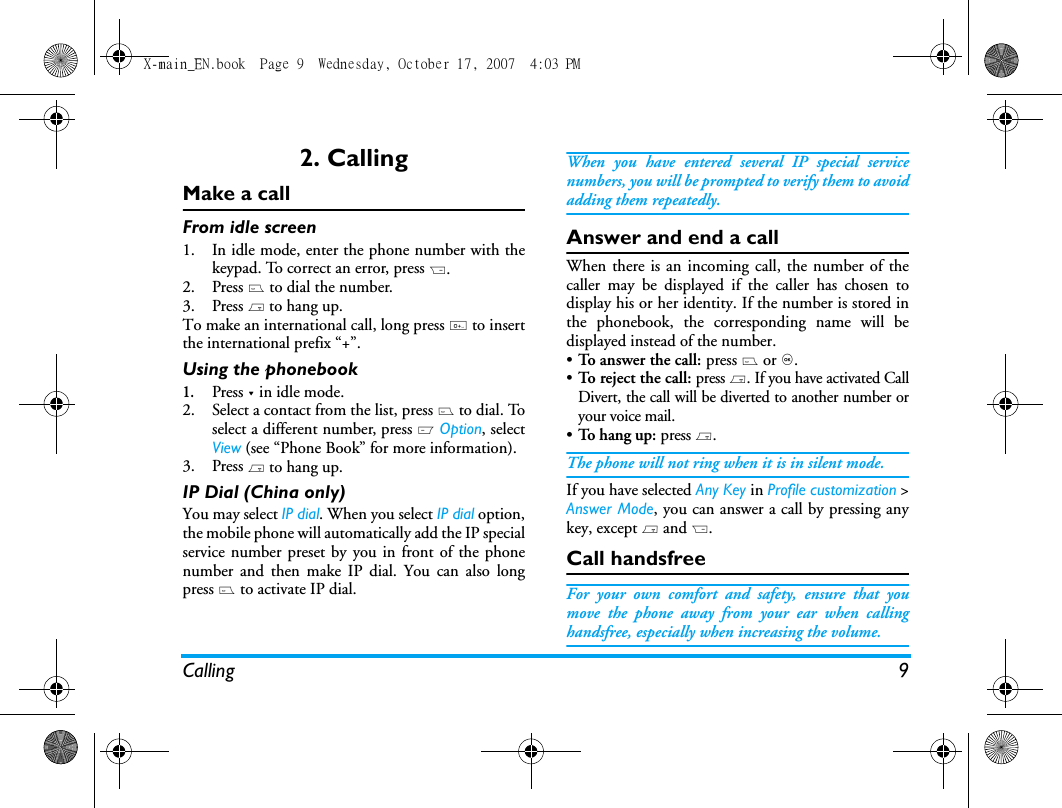Page 10 of Sang Fei Consumer Communications CT9A9U Dual-band GSM 850/1900 Mobile Phone with Bluetooth User Manual X main EN