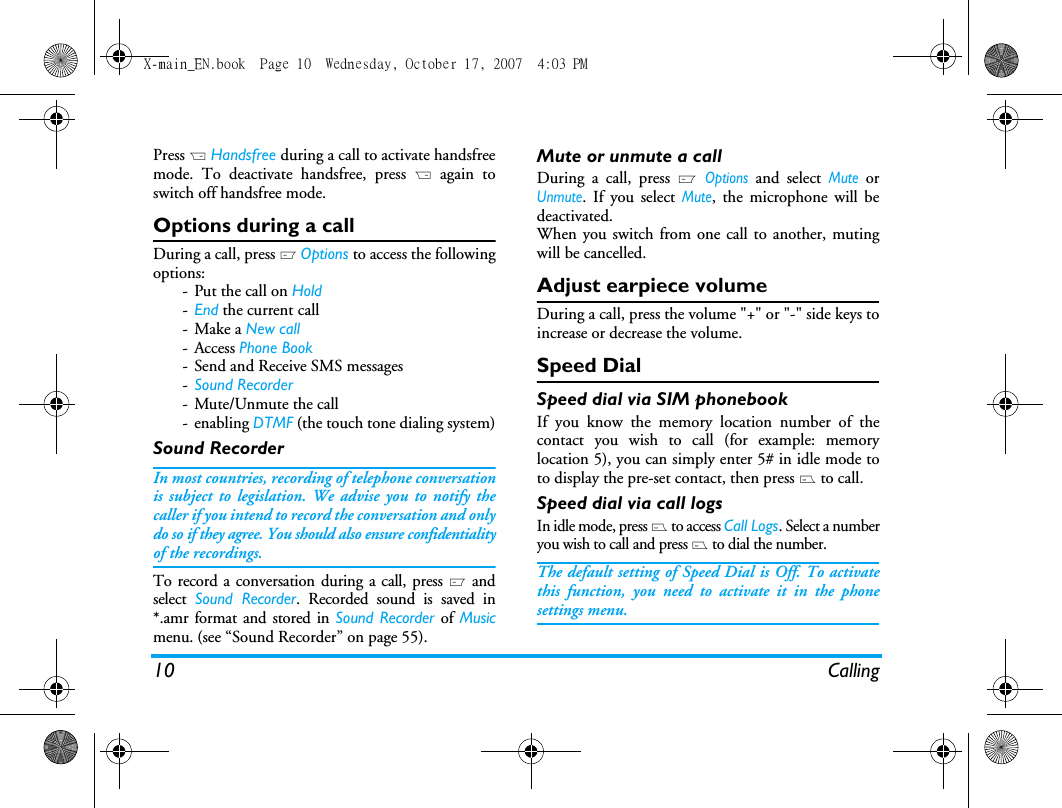 Page 11 of Sang Fei Consumer Communications CT9A9U Dual-band GSM 850/1900 Mobile Phone with Bluetooth User Manual X main EN
