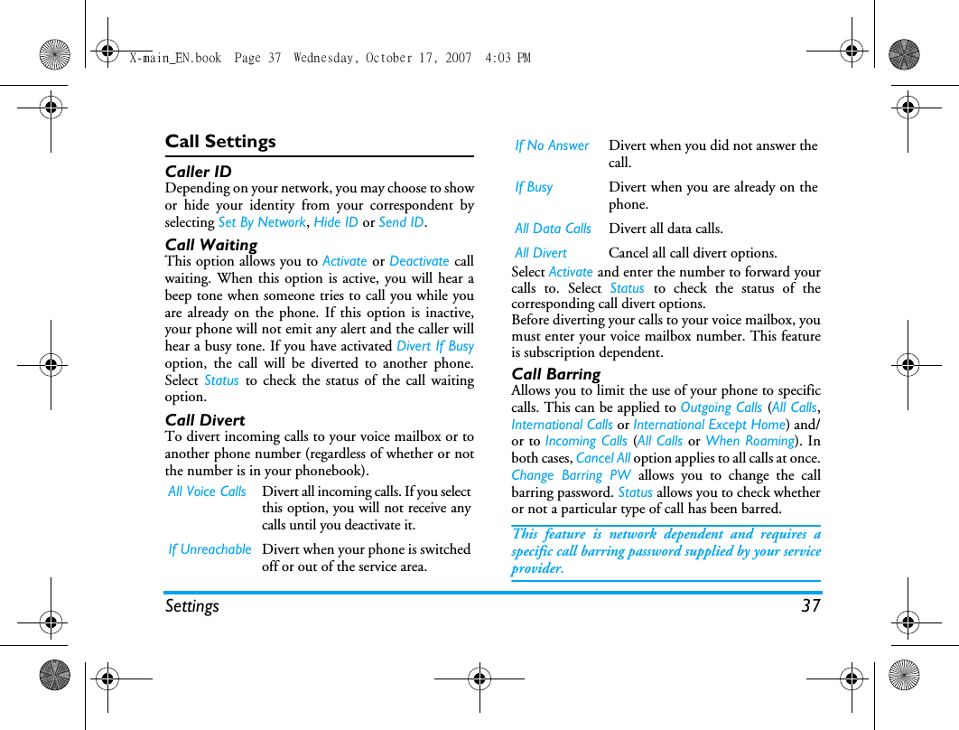 Page 38 of Sang Fei Consumer Communications CT9A9U Dual-band GSM 850/1900 Mobile Phone with Bluetooth User Manual X main EN