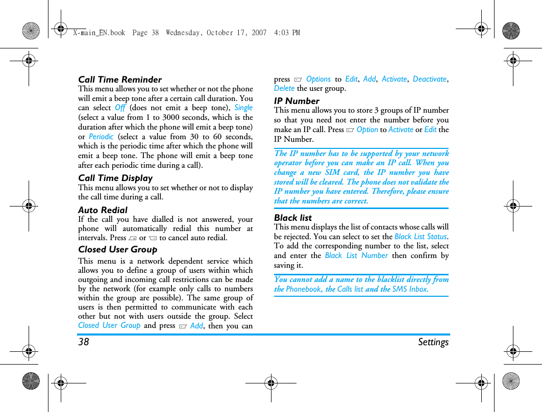 Page 39 of Sang Fei Consumer Communications CT9A9U Dual-band GSM 850/1900 Mobile Phone with Bluetooth User Manual X main EN