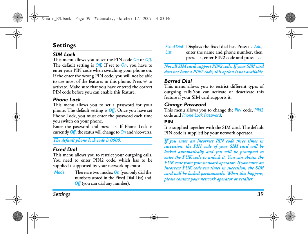 Page 40 of Sang Fei Consumer Communications CT9A9U Dual-band GSM 850/1900 Mobile Phone with Bluetooth User Manual X main EN