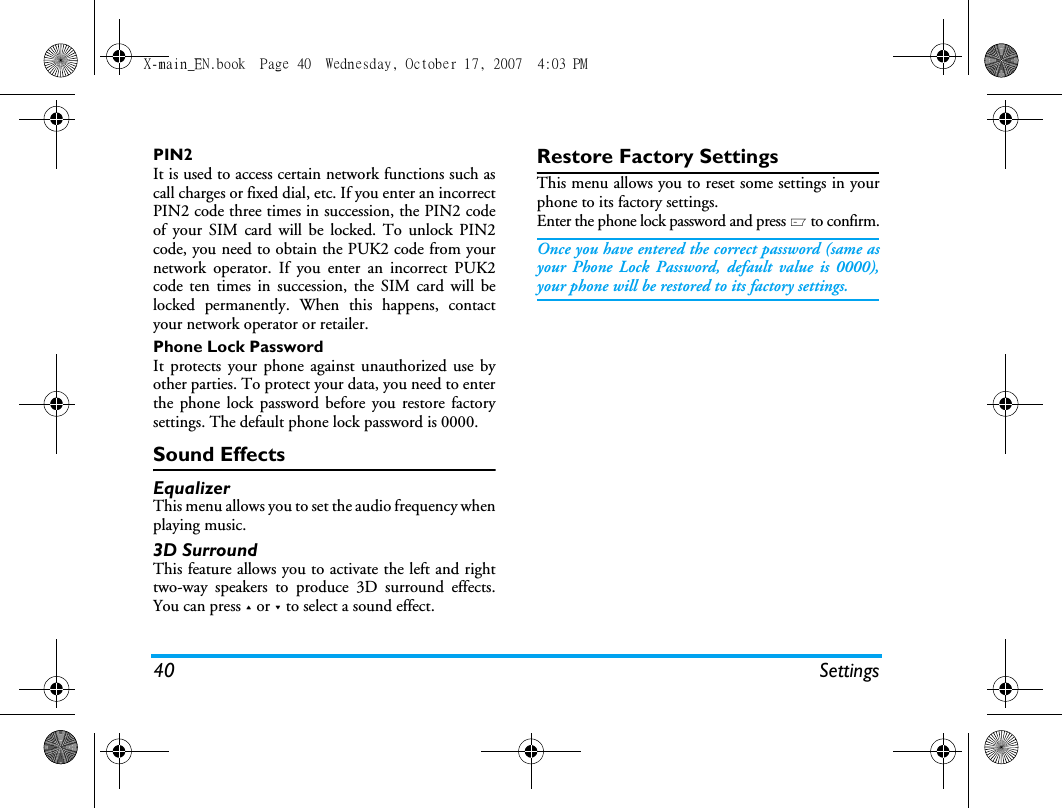 Page 41 of Sang Fei Consumer Communications CT9A9U Dual-band GSM 850/1900 Mobile Phone with Bluetooth User Manual X main EN