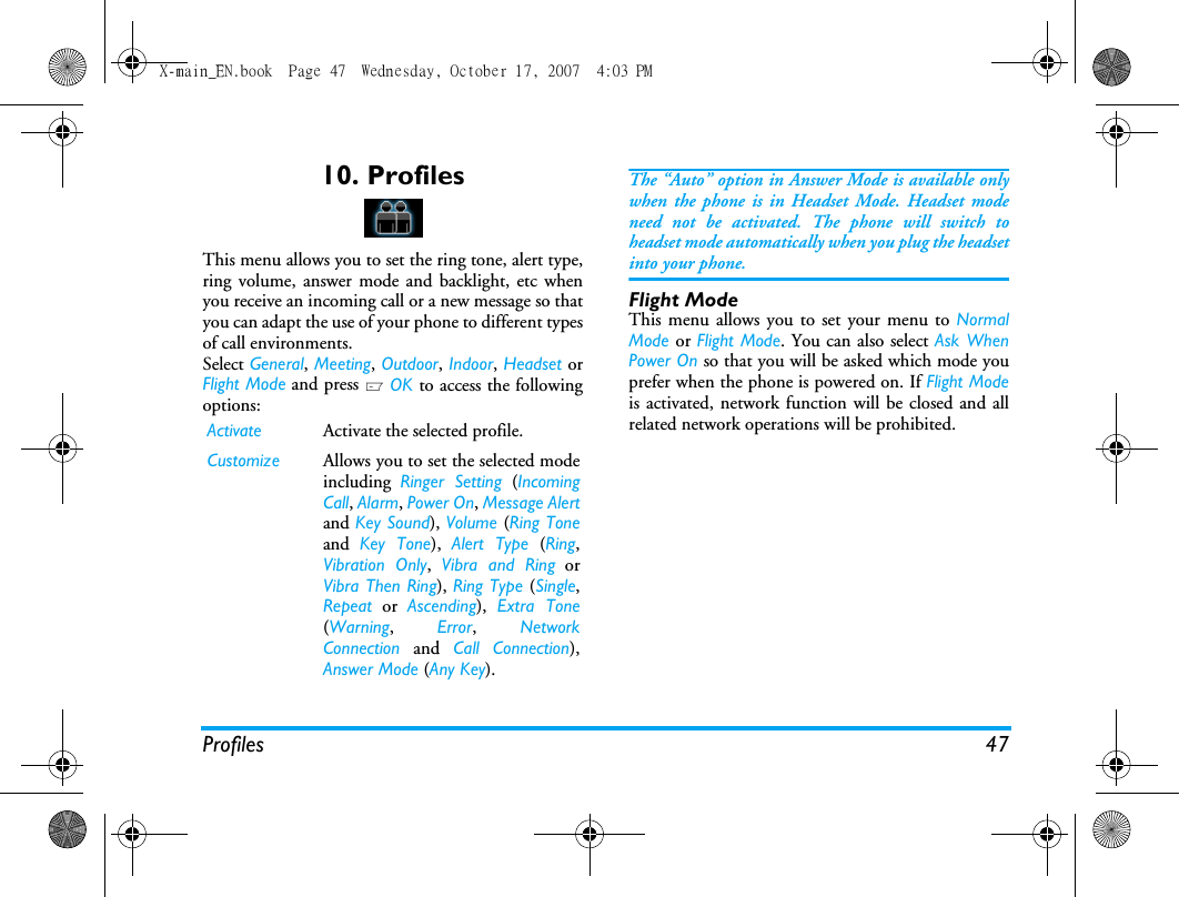 Page 48 of Sang Fei Consumer Communications CT9A9U Dual-band GSM 850/1900 Mobile Phone with Bluetooth User Manual X main EN