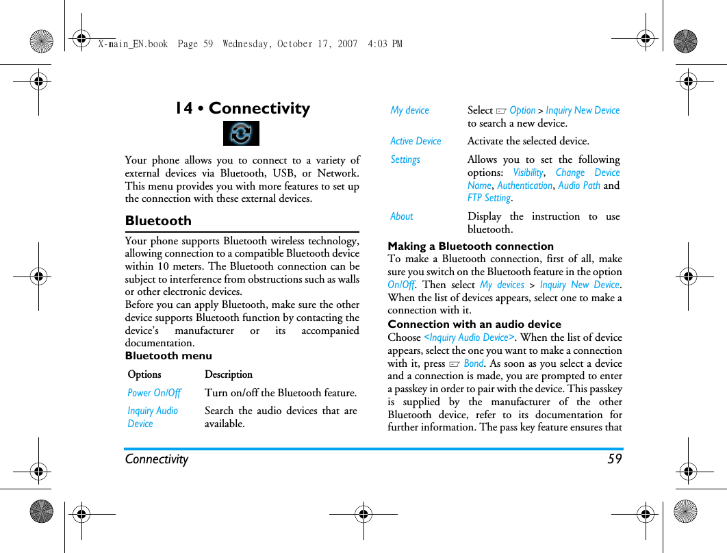 Page 60 of Sang Fei Consumer Communications CT9A9U Dual-band GSM 850/1900 Mobile Phone with Bluetooth User Manual X main EN