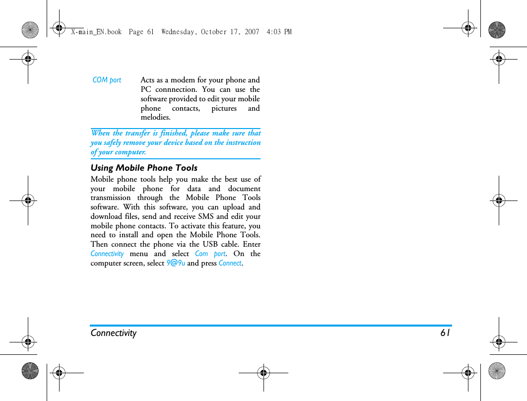 Page 62 of Sang Fei Consumer Communications CT9A9U Dual-band GSM 850/1900 Mobile Phone with Bluetooth User Manual X main EN