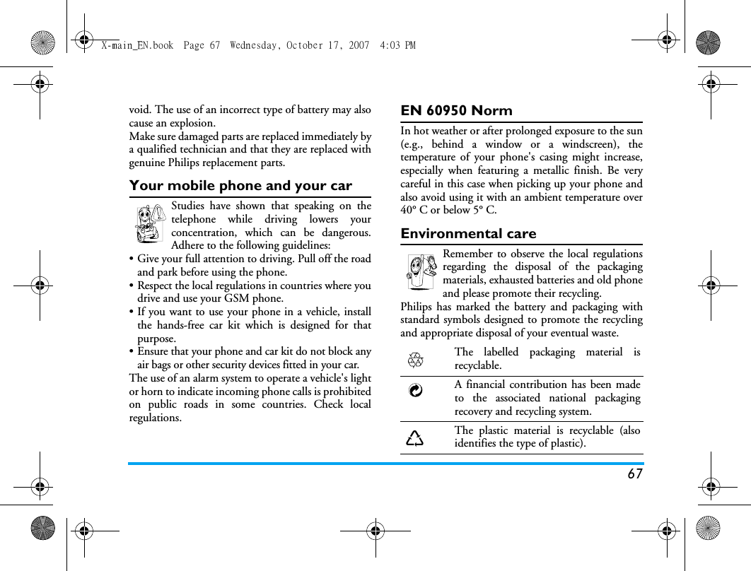 Page 68 of Sang Fei Consumer Communications CT9A9U Dual-band GSM 850/1900 Mobile Phone with Bluetooth User Manual X main EN