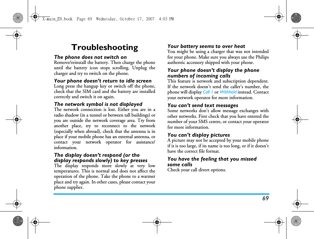Page 70 of Sang Fei Consumer Communications CT9A9U Dual-band GSM 850/1900 Mobile Phone with Bluetooth User Manual X main EN