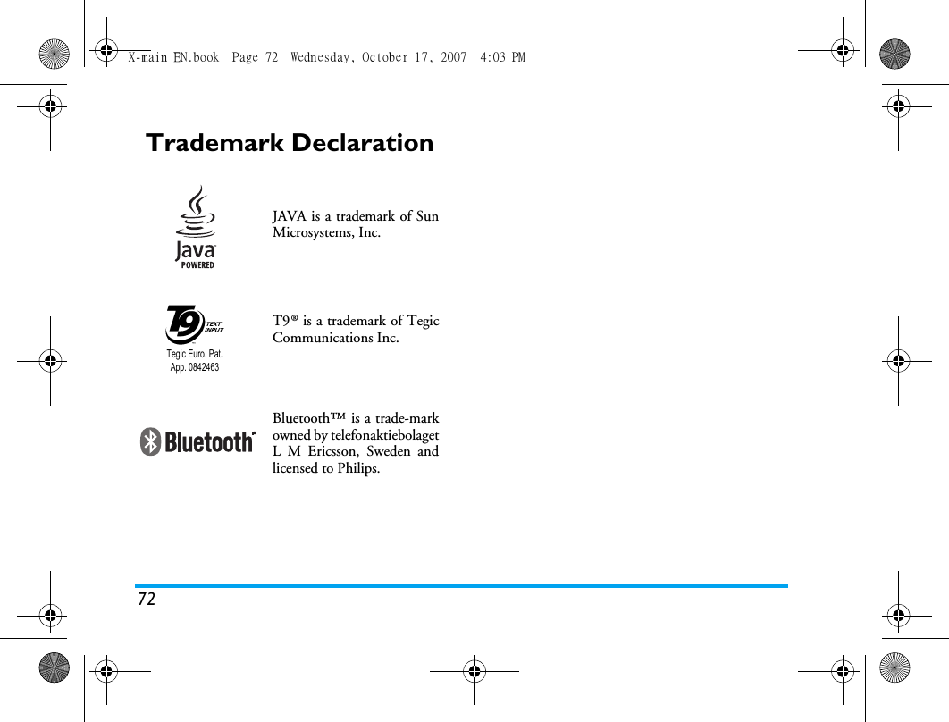 Page 73 of Sang Fei Consumer Communications CT9A9U Dual-band GSM 850/1900 Mobile Phone with Bluetooth User Manual X main EN