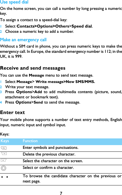 7Use speed dialOn the home screen, you can call a number by long pressing a numerickey.To assign a contact to a speed-dial key:1Select Contacts>Options>Others>Speed dial.2Choose a numeric key to add a number.Make an emergency callWithout a SIM card in phone, you can press numeric keys to make theemergency call. In Europe, the standard emergency number is 112; in theUK, it is 999.Receive and send messagesYou can use the Message menu to send text message.1Select Message> Write message>New SMS/MMS.2Write your text message.3Press  Options>Add to add multimedia contents (picture, sound,attachment or bookmark text).4Press Options>Send to send the message.Enter textYour mobile phone supports a number of text entry methods, Englishinput, numeric input and symbol input.Keys:Keys Function*Enter symbols and punctuations.RDelete the previous character.LSelect the character on the screen.,Select or confirm a character.< >To browse the candidate character on the previous ornext page.