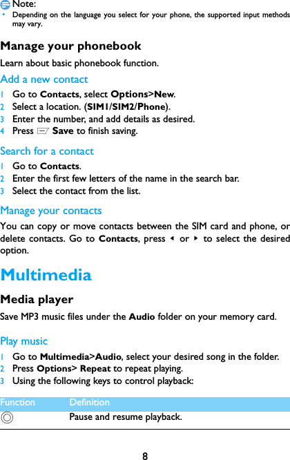 8Note: &bull;Depending on the language you select for your phone, the supported input methodsmay vary.Manage your phonebookLearn about basic phonebook function.Add a new contact1Go to Contacts, select Options>New.2Select a location. (SIM1/SIM2/Phone).3Enter the number, and add details as desired.4Press L Save to finish saving.Search for a contact1Go to Contacts.2Enter the first few letters of the name in the search bar. 3Select the contact from the list.Manage your contactsYou can copy or move contacts between the SIM card and phone, ordelete contacts. Go to Contacts, press < or > to select the desiredoption.MultimediaMedia playerSave MP3 music files under the Audio folder on your memory card. Play music1Go to Multimedia>Audio, select your desired song in the folder.2Press Options> Repeat to repeat playing.3Using the following keys to control playback:Function Definition,Pause and resume playback.
