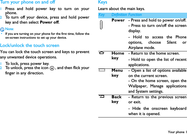 Your phone 1Turn your phone on and off1Press and hold power key to turn on yourphone.2To turn off your device, press and hold powerkey and then select Power off.Note: &bull;If you are turning on your phone for the first time, follow theon-screen instructions to set up your device.Lock/unlock the touch screenYou can lock the touch screen and keys to preventany unwanted device operations.1To lock, press power key.2To unlock, press the icon , and then flick yourfinger in any direction.KeysLearn about the main keys.mKey Definition FunctionPower - Press and hold to power on/off.- Press to turn on/off the screendisplay.- Hold to access the Phoneoptions, choose Silent orAirplane mode.MHome key- Return to the home screen.- Hold to open the list of recentapplications.OMenukey- Open a list of options availableon the current screen.- On the home screen, open theWallpaper, Manage applicationsand System settings.BBack key- Return to the previous screenor exit.- Hide the onscreen keyboardwhen it is opened.