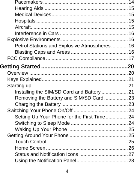 4 Pacemakers ............................................................. 14 Hearing Aids ............................................................ 15 Medical Devices ....................................................... 15 Hospitals .................................................................. 15 Aircraft ...................................................................... 15 Interference in Cars ................................................. 16 Explosive Environments ................................................ 16 Petrol Stations and Explosive Atmospheres ............ 16 Blasting Caps and Areas ......................................... 16 FCC Compliance ........................................................... 17 Getting Started ....................................................... 20 Overview ....................................................................... 20 Keys Explained .............................................................. 21 Starting up ..................................................................... 21 Installing the SIM/SD Card and Battery ................... 21 Removing the Battery and SIM/SD Card ................. 23 Charging the Battery ................................................ 23 Switching Your Phone On/Off ....................................... 24 Setting Up Your Phone for the First Time ................ 24 Switching to Sleep Mode ......................................... 24 Waking Up Your Phone ........................................... 25 Getting Around Your Phone .......................................... 25 Touch Control .......................................................... 25 Home  Screen ........................................................... 26 Status and Notification Icons ................................... 27 Using the Notification Panel ..................................... 28 