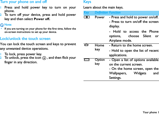 Your phone 1Turn your phone on and off1Press and hold power key to turn on yourphone.2To turn off your device, press and hold powerkey and then select Power off.Note: &bull;If you are turning on your phone for the first time, follow theon-screen instructions to set up your device.Lock/unlock the touch screenYou can lock the touch screen and keys to preventany unwanted device operations.1To lock, press power key.2To unlock, press the icon , and then flick yourfinger in any direction.KeysLearn about the main keys.mKey Definition FunctionPPower - Press and hold to power on/off.- Press to turn on/off the screendisplay.- Hold to access the Phoneoptions, choose Silent orAirplane mode.MHome key- Return to the home screen.- Hold to open the list of recentapplications.OOption key- Open a list of options availableon the current screen.- On the home screen, open theWallpapers, Widgets andSettings.