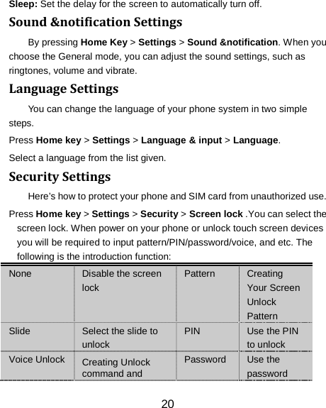 20 Sleep: Set the delay for the screen to automatically turn off. Sound &amp;notification Settings By pressing Home Key > Settings > Sound &amp;notification. When you choose the General mode, you can adjust the sound settings, such as ringtones, volume and vibrate. Language Settings You can change the language of your phone system in two simple steps. Press Home key > Settings > Language &amp; input > Language. Select a language from the list given. Security Settings Here&rsquo;s how to protect your phone and SIM card from unauthorized use.   Press Home key > Settings > Security > Screen lock .You can select the screen lock. When power on your phone or unlock touch screen devices you will be required to input pattern/PIN/password/voice, and etc. The following is the introduction function: None Disable the screen lock Pattern  Creating Your Screen Unlock Pattern Slide  Select the slide to unlock PIN  Use the PIN to unlock Voice Unlock  Creating Unlock command and Password  Use the password 