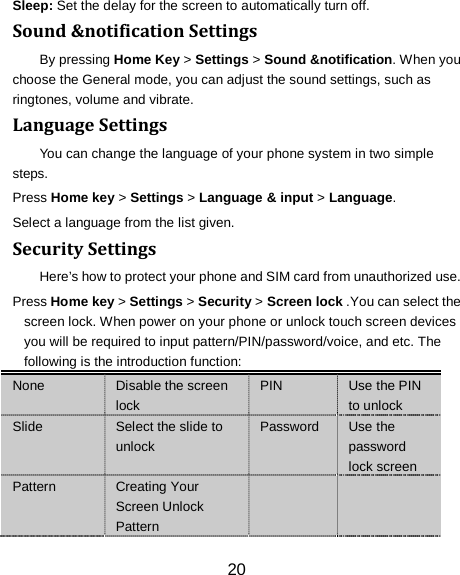 20 Sleep: Set the delay for the screen to automatically turn off. Sound &amp;notification Settings By pressing Home Key > Settings > Sound &amp;notification. When you choose the General mode, you can adjust the sound settings, such as ringtones, volume and vibrate. Language Settings You can change the language of your phone system in two simple steps. Press Home key > Settings > Language &amp; input > Language. Select a language from the list given. Security Settings Here&rsquo;s how to protect your phone and SIM card from unauthorized use.   Press Home key > Settings > Security > Screen lock .You can select the screen lock. When power on your phone or unlock touch screen devices you will be required to input pattern/PIN/password/voice, and etc. The following is the introduction function: None Disable the screen lock PIN  Use the PIN to unlock Slide  Select the slide to unlock Password  Use the password lock screen Pattern  Creating Your Screen Unlock Pattern    