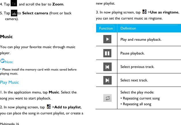  Multimedia 16 4. Tap   and scroll the bar to Zoom. 5. Tap to Select camera (front or back camera).     Music You can play your favorite music through music player. Note: &bull; Please install the memory card with music saved before playing music. Play Music 1. In the application menu, tap Music. Select the song you want to start playback. 2. In now playing screen, tap >Add to playlist, you can place the song in current playlist, or create a new playlist. 3. In now playing screen, tap >Use as ringtone, you can set the current music as ringtone. Function  Definition  Play and resume playback.  Pause playback.  Select previous track.  Select next track.  Select the play mode: &bull; Repeating current song   &bull; Repeating all song 