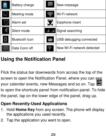 29  Battery charge   New message  Meeting mode   Wi-Fi network  Alarm set   Earphone insert  Silent mode   Signal searching  Bluetooth icon   USB debugging connected  Data Conn off   New Wi-Fi network detected  Using the Notification Panel                                               Flick the status bar downwards from across the top of the screen to open the Notification Panel, where you can see your calendar events, new Messages and so on. Tap   to open the shortcuts panel from notification panel. To hide the panel, tap on the lower edge of the panel, drag up.    Open Recently-Used Applications  1.  Hold Home Key from any screen. The phone will display the applications you used recently. 2.  Tap the application you want to open. 
