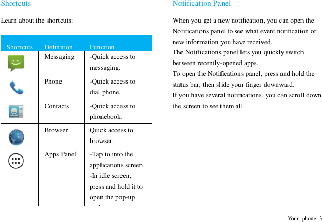    Your  phone  3 Shortcuts Learn about the shortcuts:  Shortcuts  Definition  Function  Messaging  -Quick access to messaging.   Phone  -Quick access to dial phone.  Contacts  -Quick access to phonebook.   Browser  Quick access to browser.  Apps Panel  -Tap to into the applications screen. -In idle screen, press and hold it to open the pop-up options. Notification Panel When you get a new notification, you can open the Notifications panel to see what event notification or new information you have received.   The Notifications panel lets you quickly switch between recently-opened apps. To open the Notifications panel, press and hold the status bar, then slide your finger downward. If you have several notifications, you can scroll down the screen to see them all.         