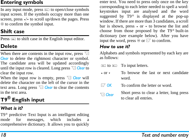 18 Text and number entryEntering symbolsIn any input mode, press # to open/close symbolsinput screen. If the symbols occupy more than onescreen, press +/- to scroll up/down the pages. Press, to confirm the symbol input.Shift casePress * to shift case in the English input editor. DeleteWhen there are contents in the input row, press RClear to delete the rightmost character or symbol.The candidate area will be updated accordinglyuntil the input row is cleared. Long press R Clear toclear the input row.When the input row is empty, press R Clear willdelete the character on the left of the cursor in thetext area. Long press R Clear to clear the contentsin the text area. T9&reg; English inputWhat is it?T9&reg; predictive Text Input is an intelligent editingmode for messages, which includes acomprehensive dictionary. It allows you to quicklyenter text. You need to press only once on the keycorresponding to each letter needed to spell a word:keystrokes input are analysed and the wordsuggested by T9&reg; is displayed at the pop-upwindow. If there are more than 3 candidates, a scrollbar is shown, press + or - to browse the list andchoose from those proposed by the T9&reg;  built-indictionary (see example below). After you haveinput the word, press , or L to confirm.How to use it?Alphabets and symbols represented by each key areas follows:0 to 9To input letters.+ or -To browse the last or next candidateword. L OKTo confirm the letter or word.R ClearShort press to clear a letter, long pressto clear all entries.