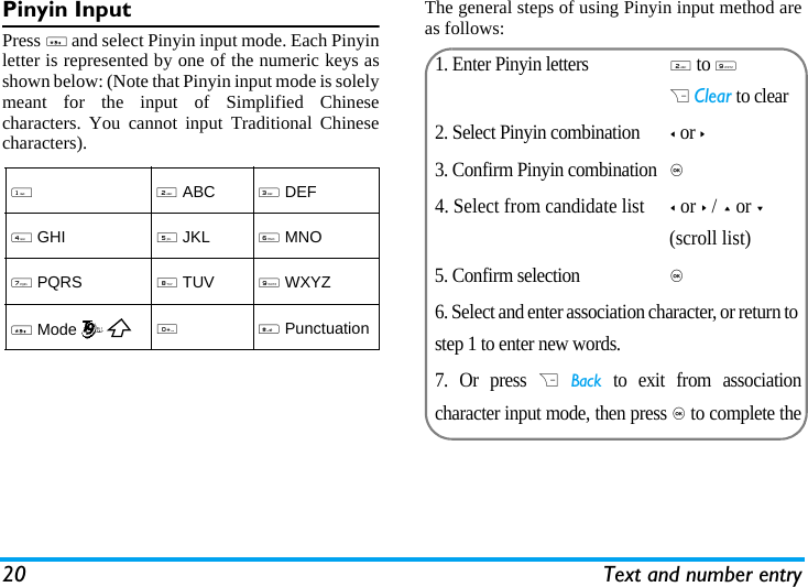 20 Text and number entryPinyin InputPress * and select Pinyin input mode. Each Pinyinletter is represented by one of the numeric keys asshown below: (Note that Pinyin input mode is solelymeant for the input of Simplified Chinesecharacters. You cannot input Traditional Chinesecharacters).The general steps of using Pinyin input method areas follows:12 ABC3 DEF4 GHI5 JKL6 MNO7 PQRS8 TUV9 WXYZ * Mode0# Punctuation1. Enter Pinyin letters2 to 9R Clear to clear2. Select Pinyin combination< or >3. Confirm Pinyin combination, 4. Select from candidate list< or > / + or - (scroll list)5. Confirm selection, 6. Select and enter association character, or return to step 1 to enter new words.7. Or press R Back to exit from associationcharacter input mode, then press , to complete the