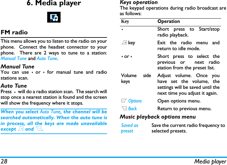 28 Media player6. Media playerFM radioThis menu allows you to listen to the radio on yourphone.  Connect the headset connector to yourphone.  There are 2 ways to tune to a station:Manual Tune and Auto Tune.  Manual TuneYou can use < or > for manual tune and radiostations scan.   Auto TunePress  +  will do a radio station scan.  The search willstop once a nearest station is found and the screenwill show the frequency where it stops. When you select Auto Tune, the channel will besearched automatically. When the auto tune isin process, all the keys are made unavailableexcept ) and R. Keys operationThe keypad operations during radio broadcast areas follows: Music playback options menuKeyOperation-Short press to Start/stopradio playback.) key Exit the radio menu andreturn to idle mode.< or >Short press to select theprevious or  next radiostation from the preset list. Volume sidekeysAdjust volume. Once youhave set the volume, thesettings will be saved until thenext time you adjust it again. L OptionsOpen options menu.R BackReturn to previous menu. Saved as presetSave the current radio frequency toselected presets.