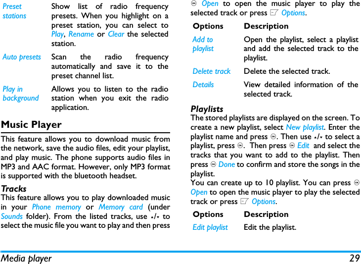 Media player 29Music PlayerThis feature allows you to download music fromthe network, save the audio files, edit your playlist,and play music. The phone supports audio files inMP3 and AAC format. However, only MP3 formatis supported with the bluetooth headset.TracksThis feature allows you to play downloaded musicin your Phone memory or Memory card (underSounds folder). From the listed tracks, use +/- toselect the music file you want to play and then press, Open  to open the music player to play theselected track or press L Options.PlaylistsThe stored playlists are displayed on the screen. Tocreate a new playlist, select New playlist. Enter theplaylist name and press ,. Then use +/- to select aplaylist, press ,.  Then press , Edit  and select thetracks that you want to add to the playlist. Thenpress , Done to confirm and store the songs in theplaylist.You can create up to 10 playlist. You can press ,Open to open the music player to play the selectedtrack or press L Options. Preset stationsShow list of radio frequencypresets. When you highlight on apreset station, you can select toPlay, Rename or Clear the selectedstation.Auto presets Scan the radio frequencyautomatically and save it to thepreset channel list.Play in backgroundAllows you to listen to the radiostation when you exit the radioapplication.  Options DescriptionAdd to playlistOpen the playlist, select a playlistand add the selected track to theplaylist.Delete track Delete the selected track.Details View detailed information of theselected track.Options DescriptionEdit playlist Edit the playlist.