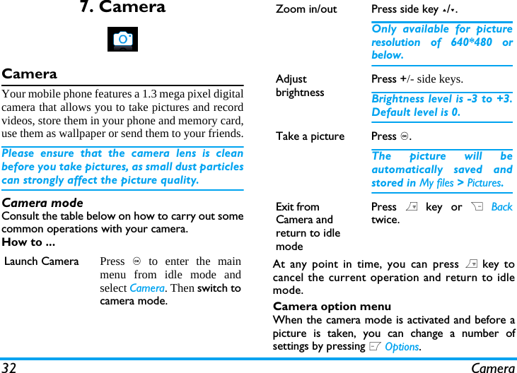 32 Camera7. CameraCameraYour mobile phone features a 1.3 mega pixel digitalcamera that allows you to take pictures and recordvideos, store them in your phone and memory card,use them as wallpaper or send them to your friends.Please ensure that the camera lens is cleanbefore you take pictures, as small dust particlescan strongly affect the picture quality.Camera modeConsult the table below on how to carry out somecommon operations with your camera.How to ...At any point in time, you can press ) key tocancel the current operation and return to idlemode.Camera option menuWhen the camera mode is activated and before apicture is taken, you can change a number ofsettings by pressing L Options.Launch Camera Press , to enter the mainmenu from idle mode andselect Camera. Then switch tocamera mode.Zoom in/out  Press side key +/-.Only available for pictureresolution of 640*480 orbelow.Adjust brightnessPress +/- side keys.Brightness level is -3 to +3.Default level is 0. Take a picture Press ,.The picture will beautomatically saved andstored in My files > Pictures. Exit from Camera and return to idle modePress ) key or R Backtwice.