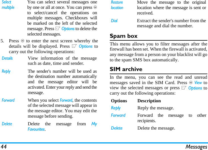 44 Messages5. Press , to enter the next screen whereby thedetails will be displayed. Press L Options tocarry out the following operations:Spam boxThis menu allows you to filter messages after thefirewall has been set. When the firewall is activated,any message from a person on your blacklist will goto the spam SMS box automatically.SIM archiveIn the menu, you can see the read and unreadmessages saved in the SIM Card. Press , View toview the selected messages or press L Options tocarry out the following operations:Select multipleYou can select several messages oneby one or all at once. You can press ,to select/cancel the operations onmultiple messages. Checkboxes willbe marked on the left of the selectedmessage. Press L Options to delete theselected messages.DetailsView information of the messagesuch as date, time and sender.ReplyThe sender's number will be used asthe destination number automaticallyand the message editor will beactivated. Enter your reply and send themessage.ForwardWhen you select Forward, the contentsof the selected message will appear inthe message editor. You may edit themessage before sending. DeleteDelete the message from MyFavourites.Restore locationMove the message to the originallocation where the message is sent orreceived.DialExtract the sender's number from themessage and dial the number.Options DescriptionReply Reply the message.Forward Forward the message to otherrecipients.Delete Delete the message.