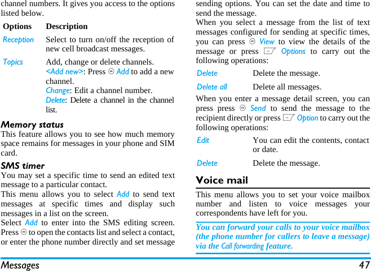 Messages 47channel numbers. It gives you access to the optionslisted below.Memory statusThis feature allows you to see how much memoryspace remains for messages in your phone and SIMcard.SMS timerYou may set a specific time to send an edited textmessage to a particular contact.This menu allows you to select Add to send textmessages at specific times and display suchmessages in a list on the screen. Select  Add to enter into the SMS editing screen.Press , to open the contacts list and select a contact,or enter the phone number directly and set messagesending options. You can set the date and time tosend the message.When you select a message from the list of textmessages configured for sending at specific times,you can press , View  to view the details of themessage or press L Options to carry out thefollowing operations: When you enter a message detail screen, you canpress press , Send  to send the message to therecipient directly or press L Option to carry out thefollowing operations: Voice mailThis menu allows you to set your voice mailboxnumber and listen to voice messages yourcorrespondents have left for you.You can forward your calls to your voice mailbox(the phone number for callers to leave a message)via the Call forwarding feature. Options DescriptionReception Select to turn on/off the reception ofnew cell broadcast messages.Topics Add, change or delete channels.<Add new>: Press , Add to add a newchannel.Change: Edit a channel number.Delete: Delete a channel in the channellist. Delete Delete the message.Delete all Delete all messages.Edit You can edit the contents, contactor date.Delete Delete the message.