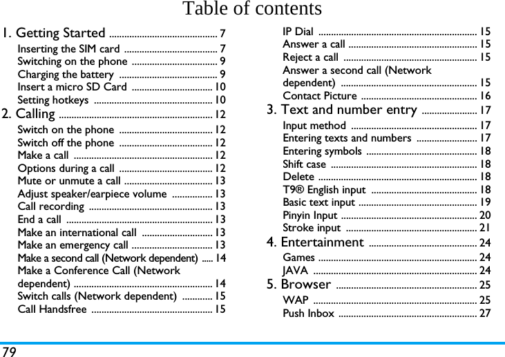 79Table of contents1. Getting Started ........................................... 7Inserting the SIM card ..................................... 7Switching on the phone .................................. 9Charging the battery  ....................................... 9Insert a micro SD Card  ................................ 10Setting hotkeys  ............................................... 102. Calling ............................................................. 12Switch on the phone  ..................................... 12Switch off the phone  ..................................... 12Make a call  ....................................................... 12Options during a call  ..................................... 12Mute or unmute a call ................................... 13Adjust speaker/earpiece volume  ................ 13Call recording  ................................................. 13End a call  .......................................................... 13Make an international call  ............................ 13Make an emergency call ................................ 13Make a second call (Network dependent) ..... 14Make a Conference Call (Network dependent) ....................................................... 14Switch calls (Network dependent)  ............ 15Call Handsfree  ................................................ 15IP Dial  ............................................................... 15Answer a call ................................................... 15Reject a call  ..................................................... 15Answer a second call (Network dependent) ...................................................... 15Contact Picture .............................................. 163. Text and number entry ...................... 17Input method  .................................................. 17Entering texts and numbers  ........................ 17Entering symbols  ............................................ 18Shift case  .......................................................... 18Delete ............................................................... 18T9&reg; English input  .......................................... 18Basic text input ............................................... 19Pinyin Input ...................................................... 20Stroke input  .................................................... 214. Entertainment ........................................... 24Games ............................................................... 24JAVA ................................................................. 245. Browser ........................................................ 25WAP ................................................................. 25Push Inbox ....................................................... 27