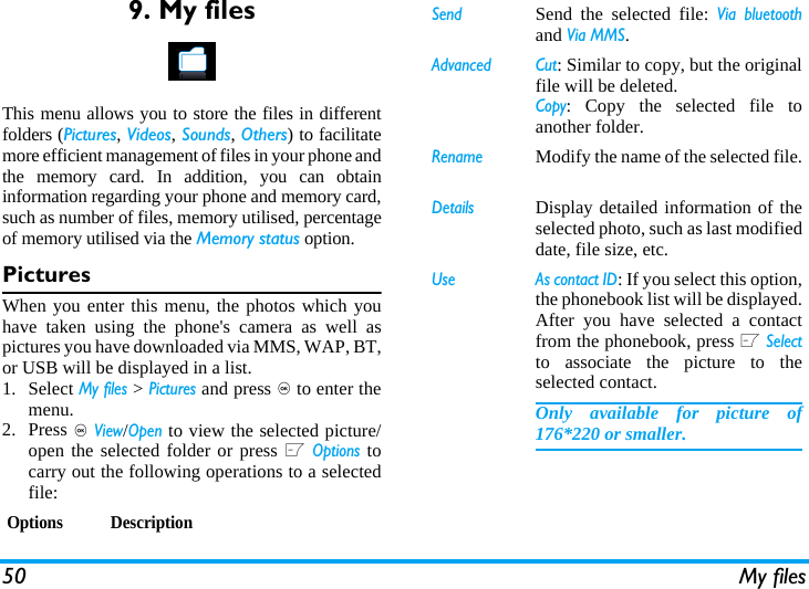 50 My files9. My filesThis menu allows you to store the files in differentfolders (Pictures, Videos, Sounds, Others) to facilitatemore efficient management of files in your phone andthe memory card. In addition, you can obtaininformation regarding your phone and memory card,such as number of files, memory utilised, percentageof memory utilised via the Memory status option. PicturesWhen you enter this menu, the photos which youhave taken using the phone's camera as well aspictures you have downloaded via MMS, WAP, BT,or USB will be displayed in a list. 1. Select My files > Pictures and press , to enter themenu.2. Press , View/Open to view the selected picture/open the selected folder or press L Options tocarry out the following operations to a selectedfile:Options DescriptionSend Send the selected file: Via bluetoothand Via MMS.Advanced Cut: Similar to copy, but the originalfile will be deleted.Copy: Copy the selected file toanother folder.RenameModify the name of the selected file.DetailsDisplay detailed information of theselected photo, such as last modifieddate, file size, etc. Use As contact ID: If you select this option,the phonebook list will be displayed.After you have selected a contactfrom the phonebook, press L Selectto associate the picture to theselected contact. Only available for picture of176*220 or smaller.