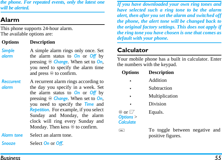Business 55the phone. For repeated events, only the latest onewill be alerted. AlarmThis phone supports 24-hour alarm.The available options are:If you have downloaded your own ring tones andhave selected such a ring tone to be the alarmalert, then after you set the alarm and switched offthe phone, the alert tone will be changed back tothe original factory settings. This does not apply ifthe ring tone you have chosen is one that comes asdefault with your phone.CalculatorYour mobile phone has a built in calculator. Enterthe numbers with the keypad.Options DescriptionSimple alarmA simple alarm rings only once. Setthe alarm status to On or Off bypressing , Change. When set to On,you need to specify the alarm timeand press , to confirm.Reccurent alarmA recurrent alarm rings according tothe day you specify in a week. Setthe alarm status to On or Off bypressing , Change. When set to On,you need to specify the Time andRepetition.  For example, if you selectSunday and Monday, the alarmclock will ring every Sunday andMonday. Then kess , to confirm.Alarm tone Select an alarm tone.Snooze Select On or Off.Options Description+Addition-Subtraction>Multiplication<Division, or L Options > CalculateEquals.*To toggle between negative andpositive figures.