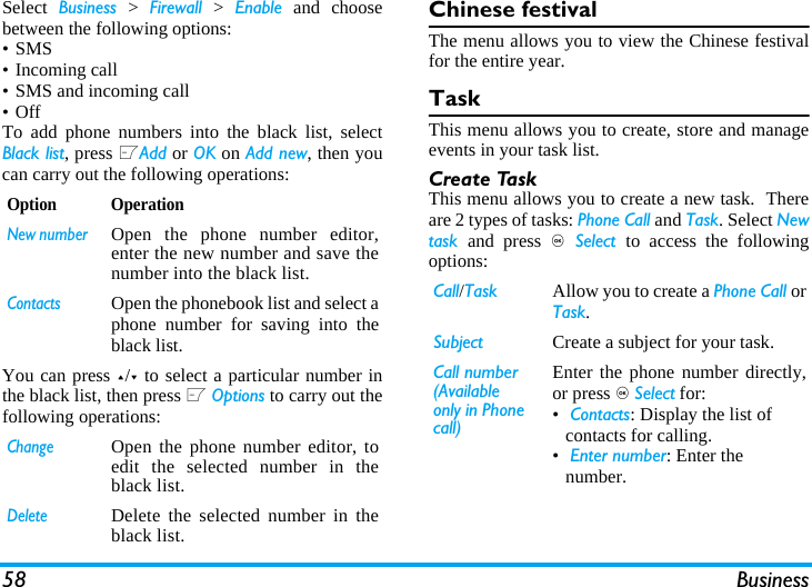 58 BusinessSelect  Business > Firewall > Enable and choosebetween the following options:&bull;SMS &bull; Incoming call &bull; SMS and incoming call&bull;OffTo add phone numbers into the black list, selectBlack list, press LAdd or OK on Add new, then youcan carry out the following operations:You can press +/- to select a particular number inthe black list, then press L Options to carry out thefollowing operations:Chinese festivalThe menu allows you to view the Chinese festivalfor the entire year.Task This menu allows you to create, store and manageevents in your task list.    Create TaskThis menu allows you to create a new task.  Thereare 2 types of tasks: Phone Call and Task. Select Newtask  and press , Select to access the followingoptions:Option OperationNew numberOpen the phone number editor,enter the new number and save thenumber into the black list.ContactsOpen the phonebook list and select aphone number for saving into theblack list.ChangeOpen the phone number editor, toedit the selected number in theblack list.DeleteDelete the selected number in theblack list.Call/Task Allow you to create a Phone Call orTask. Subject Create a subject for your task.Call number (Available only in Phone call)Enter the phone number directly,or press , Select for:&bull; Contacts: Display the list of contacts for calling.&bull; Enter number: Enter the number. 