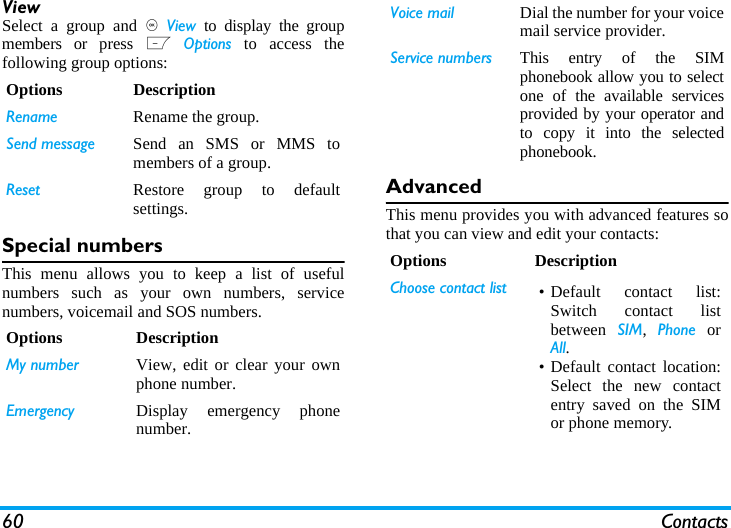 60 ContactsViewSelect a group and , Viewoto display the groupmembers or press L Options to access thefollowing group options:Special numbersThis menu allows you to keep a list of usefulnumbers such as your own numbers, servicenumbers, voicemail and SOS numbers.AdvancedThis menu provides you with advanced features sothat you can view and edit your contacts:Options DescriptionRename Rename the group.Send message Send an SMS or MMS tomembers of a group.Reset Restore group to defaultsettings.Options DescriptionMy number View, edit or clear your ownphone number.Emergency Display emergency phonenumber.Voice mail  Dial the number for your voicemail service provider.Service numbers This entry of the SIMphonebook allow you to selectone of the available servicesprovided by your operator andto copy it into the selectedphonebook.Options DescriptionChoose contact list &bull; Default contact list:Switch contact listbetween  SIM,  Phone orAll.&bull; Default contact location:Select the new contactentry saved on the SIMor phone memory.