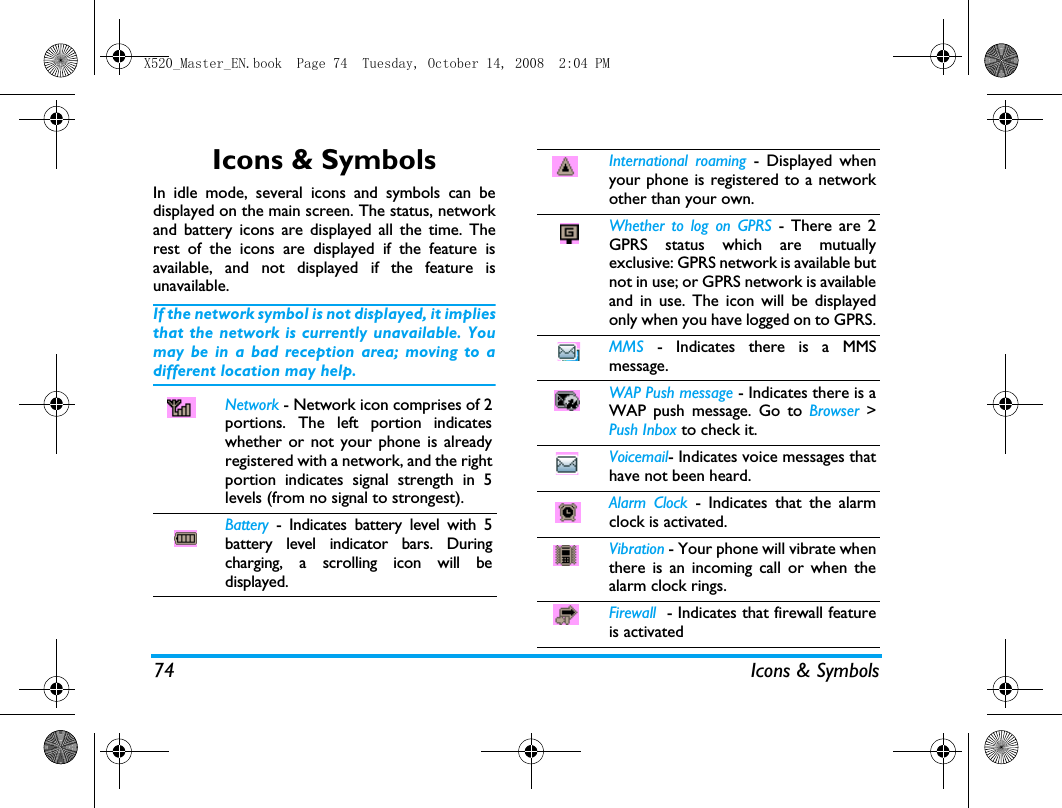 74 Icons &amp; SymbolsIcons &amp; SymbolsIn idle mode, several icons and symbols can bedisplayed on the main screen. The status, networkand battery icons are displayed all the time. Therest of the icons are displayed if the feature isavailable, and not displayed if the feature isunavailable.If the network symbol is not displayed, it impliesthat the network is currently unavailable. Youmay be in a bad reception area; moving to adifferent location may help.Network - Network icon comprises of 2portions. The left portion indicateswhether or not your phone is alreadyregistered with a network, and the rightportion indicates signal strength in 5levels (from no signal to strongest).Battery - Indicates battery level with 5battery level indicator bars. Duringcharging, a scrolling icon will bedisplayed.International roaming - Displayed whenyour phone is registered to a networkother than your own.Whether to log on GPRS - There are 2GPRS status which are mutuallyexclusive: GPRS network is available butnot in use; or GPRS network is availableand in use. The icon will be displayedonly when you have logged on to GPRS.MMS  - Indicates there is a MMSmessage.WAP Push message - Indicates there is aWAP push message. Go to Browser >Push Inbox to check it.Voicemail- Indicates voice messages thathave not been heard.Alarm Clock - Indicates that the alarmclock is activated.Vibration - Your phone will vibrate whenthere is an incoming call or when thealarm clock rings.Firewall  - Indicates that firewall featureis activatedX520_Master_EN.book  Page 74  Tuesday, October 14, 2008  2:04 PM