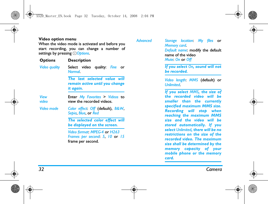 32 CameraVideo option menuWhen the video mode is activated and before youstart recording, you can change a number ofsettings by pressing LOptions.Options DescriptionVideo quality Select video quality: Fine orNormal.The last selected value willremain active until you changeit again.ViewvideoEnter  My Favorites > Videos toview the recorded videos.Video mode Color  effect:  Off  (default),  B&amp;W,Sepia, Blue, or RedThe selected color effect willbe displayed on the screen. Video format: MPEG-4 or H263Frames per second:  5,  10 or 15frame per second.Advanced Storage location:  My files orMemory card.Default name: modify the defaultname of the videoMute: On or OffIf you select On, sound will notbe recorded.Video length:  MMS (default) orUnlimited.If you select MMS, the size ofthe recorded video will besmaller than the currentlyspecified maximum MMS size.Recording will stop whenreaching the maximum MMSsize and the video will bestored automatically. If youselect Unlimited, there will be norestrictions on the size of therecorded video. The maximumsize shall be determined by thememory capacity of yourmobile phone or the memorycard.X520_Master_EN.book  Page 32  Tuesday, October 14, 2008  2:04 PM