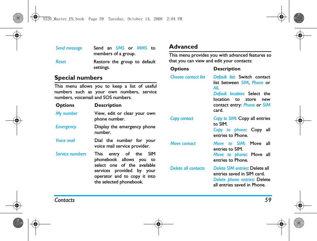 Contacts 59Special numbersThis menu allows you to keep a list of usefulnumbers such as your own numbers, servicenumbers, voicemail and SOS numbers.AdvancedThis menu provides you with advanced features sothat you can view and edit your contacts:Send message Send an SMS or MMS tomembers of a group.Reset Restore the group to defaultsettings.Options DescriptionMy number View, edit or clear your ownphone number.Emergency Display the emergency phonenumber.Voice mail  Dial the number for yourvoice mail service provider.Service numbers This entry of the SIMphonebook allows you toselect one of the availableservices provided by youroperator and to copy it intothe selected phonebook.Options DescriptionChoose contact list Default  list: Switch contactlist between SIM,  Phone orAll.Default location: Select thelocation to store newcontact entry: Phone or SIMcard.Copy contact  Copy to SIM: Copy all entriesto SIM.Copy to phone: Copy allentries to Phone.Move contact Move to SIM: Move allentries to SIM. Move to phone: Move allentries to Phone.Delete all contacts Delete SIM entries: Delete all entries saved in SIM card. Delete phone entries: Deleteall entries saved in Phone.X520_Master_EN.book  Page 59  Tuesday, October 14, 2008  2:04 PM