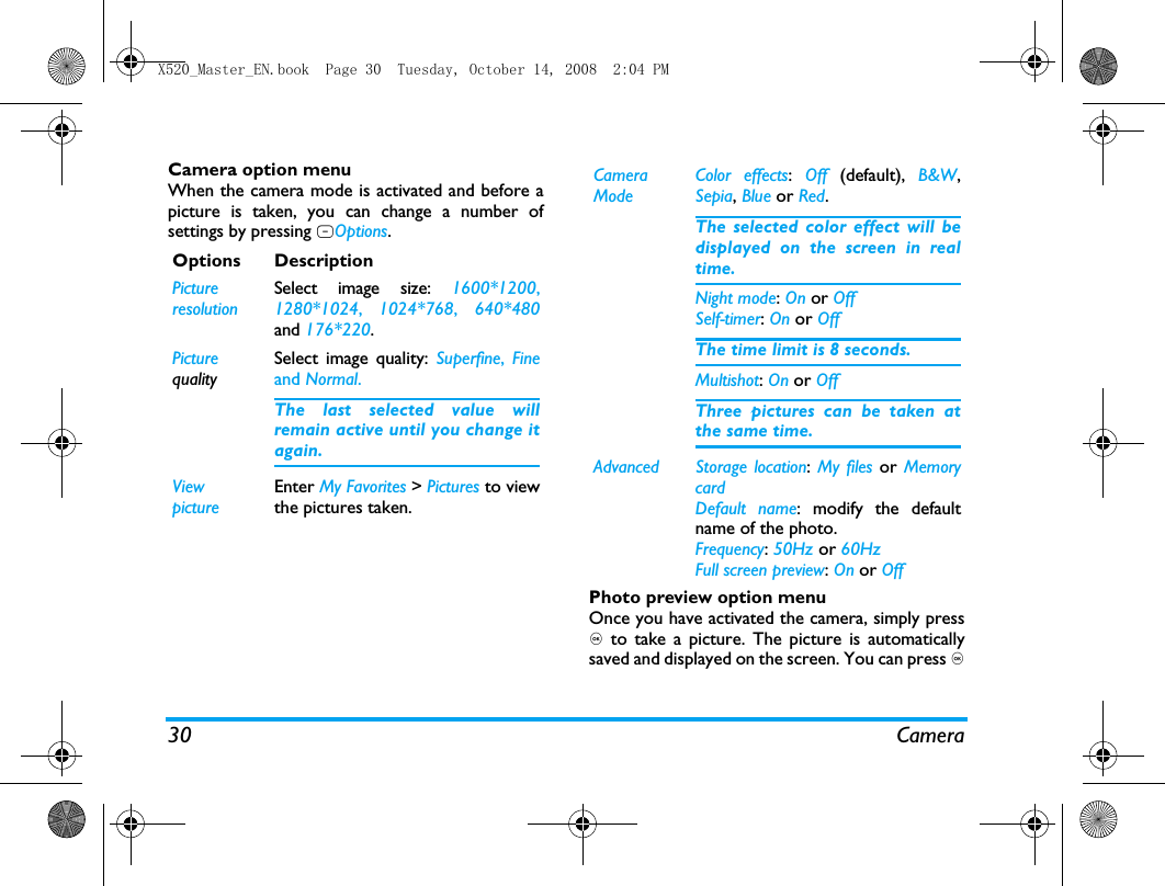 30 CameraCamera option menuWhen the camera mode is activated and before apicture is taken, you can change a number ofsettings by pressing LOptions.Photo preview option menuOnce you have activated the camera, simply press, to take a picture. The picture is automaticallysaved and displayed on the screen. You can press ,Options DescriptionPictureresolutionSelect image size: 1600*1200,1280*1024,  1024*768, 640*480and 176*220.Picture qualitySelect image quality: Superfine,  Fineand Normal.The last selected value willremain active until you change itagain.ViewpictureEnter My Favorites > Pictures to viewthe pictures taken.Camera ModeColor effects:  Off  (default),  B&amp;W,Sepia, Blue or Red. The selected color effect will bedisplayed on the screen in realtime. Night mode: On or OffSelf-timer: On or OffThe time limit is 8 seconds. Multishot: On or OffThree pictures can be taken atthe same time.Advanced Storage location: My files or MemorycardDefault name: modify the defaultname of the photo.Frequency: 50Hz or 60HzFull screen preview: On or OffX520_Master_EN.book  Page 30  Tuesday, October 14, 2008  2:04 PM