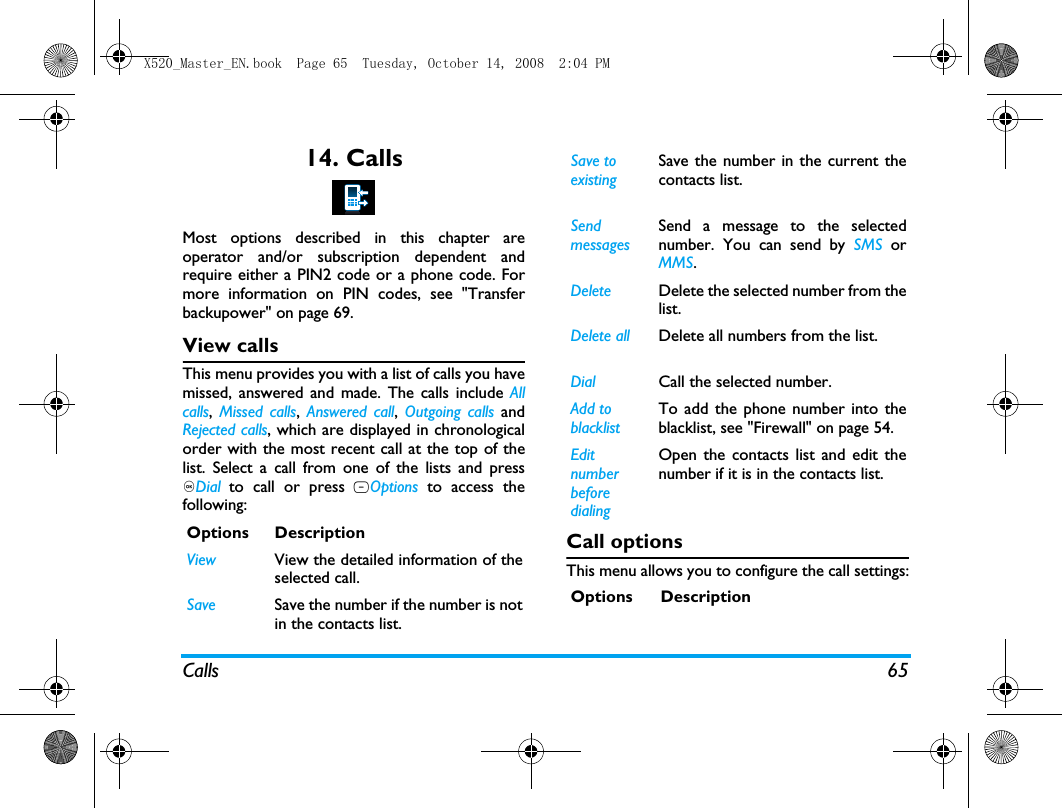 Calls 6514. CallsMost options described in this chapter areoperator and/or subscription dependent andrequire either a PIN2 code or a phone code. Formore information on PIN codes, see "Transferbackupower" on page 69.View callsThis menu provides you with a list of calls you havemissed, answered and made. The calls include Allcalls,  Missed calls,  Answered call,  Outgoing calls andRejected calls, which are displayed in chronologicalorder with the most recent call at the top of thelist. Select a call from one of the lists and press,Dial to call or press LOptions to access thefollowing:Call optionsThis menu allows you to configure the call settings:Options DescriptionView View the detailed information of theselected call.Save Save the number if the number is notin the contacts list.Save to existingSave the number in the current thecontacts list.Send messagesSend a message to the selectednumber. You can send by SMS orMMS.Delete Delete the selected number from thelist.Delete all Delete all numbers from the list.Dial Call the selected number.Add to blacklistTo add the phone number into theblacklist, see "Firewall" on page 54.Edit number before dialingOpen the contacts list and edit thenumber if it is in the contacts list.Options DescriptionX520_Master_EN.book  Page 65  Tuesday, October 14, 2008  2:04 PM
