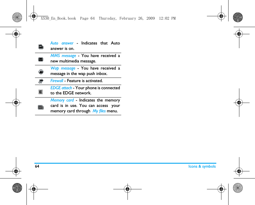 64 Icons &amp; symbolsAuto answer - Indicates that Autoanswer is on.MMS message - You have received anew multimedia message.Wap message - You have received amessage in the wap push inbox.Firewall - Feature is activated.EDGE attach - Your phone is connectedto the EDGE network.Memory card - Indicates the memorycard is in use. You can access yourmemory card through  My files menu.X530_En_Book.book  Page 64  Thursday, February 26, 2009  12:02 PM
