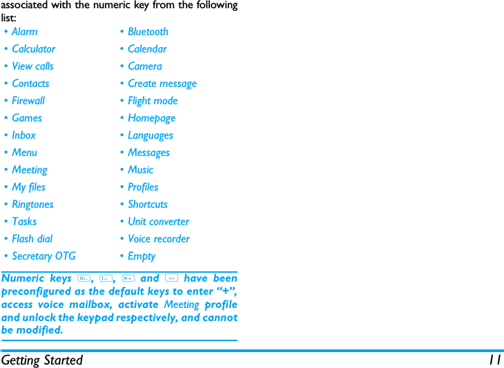 Getting Started 11associated with the numeric key from the followinglist:Numeric keys 0, 1, # and * have beenpreconfigured as the default keys to enter &ldquo;+&rdquo;,access voice mailbox, activate Meeting profileand unlock the keypad respectively, and cannotbe modified.&bull; Alarm &bull; Bluetooth&bull; Calculator &bull; Calendar&bull; View calls &bull; Camera&bull; Contacts &bull; Create message&bull; Firewall &bull; Flight mode&bull;Games &bull;Homepage&bull;Inbox &bull;Languages&bull; Menu &bull; Messages&bull; Meeting &bull; Music&bull; My files &bull; Profiles&bull;Ringtones &bull;Shortcuts&bull; Tasks &bull; Unit converter&bull;Flash dial &bull;Voice recorder&bull; Secretary OTG &bull; Empty