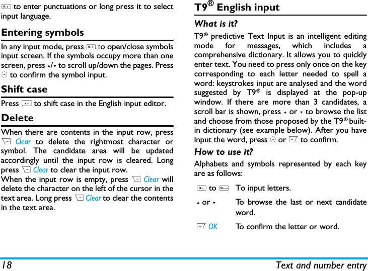 18 Text and number entry# to enter punctuations or long press it to selectinput language.Entering symbolsIn any input mode, press # to open/close symbolsinput screen. If the symbols occupy more than onescreen, press +/- to scroll up/down the pages. Press, to confirm the symbol input.Shift casePress * to shift case in the English input editor. DeleteWhen there are contents in the input row, pressR Clear to delete the rightmost character orsymbol. The candidate area will be updatedaccordingly until the input row is cleared. Longpress R Clear to clear the input row.When the input row is empty, press R Clear willdelete the character on the left of the cursor in thetext area. Long press R Clear to clear the contentsin the text area. T9&reg; English inputWhat is it?T9&reg; predictive Text Input is an intelligent editingmode for messages, which includes acomprehensive dictionary. It allows you to quicklyenter text. You need to press only once on the keycorresponding to each letter needed to spell aword: keystrokes input are analysed and the wordsuggested by T9&reg; is displayed at the pop-upwindow. If there are more than 3 candidates, ascroll bar is shown, press + or - to browse the listand choose from those proposed by the T9&reg; built-in dictionary (see example below). After you haveinput the word, press , or L to confirm.How to use it?Alphabets and symbols represented by each keyare as follows:0 to 9To input letters.+ or -To browse the last or next candidateword. L OKTo confirm the letter or word.