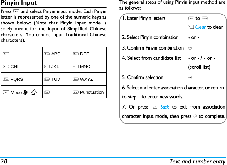 20 Text and number entryPinyin InputPress * and select Pinyin input mode. Each Pinyinletter is represented by one of the numeric keys asshown below: (Note that Pinyin input mode issolely meant for the input of Simplified Chinesecharacters. You cannot input Traditional Chinesecharacters).The general steps of using Pinyin input method areas follows:12 ABC3 DEF4 GHI5 JKL6 MNO7 PQRS8 TUV9 WXYZ * Mode0# Punctuation1. Enter Pinyin letters2 to 9R Clear to clear2. Select Pinyin combination< or >3. Confirm Pinyin combination, 4. Select from candidate list< or > / + or - (scroll list)5. Confirm selection, 6. Select and enter association character, or return to step 1 to enter new words.7. Or press R Back to exit from associationcharacter input mode, then press , to complete.